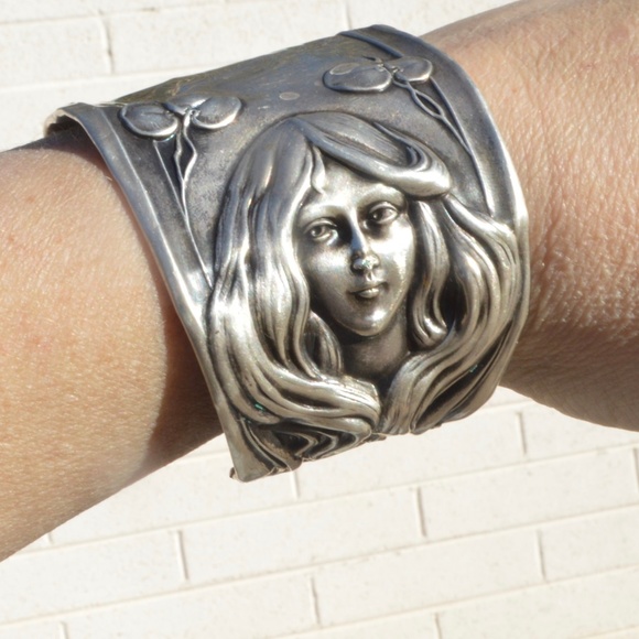 Antique Obsessions Jewelry - Antique Art Nouveau Lady Face Sterling Bracelet